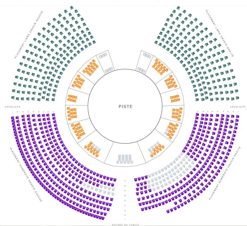Schéma circulaire du placement sous chapiteau pour les spectacles Noël en Cirque 2026 avec une piste centrale. Autour, des gradins disposés en arcs concentriques et colorés selon les zones : en haut à gauche et à droite, des sections vertes indiquent le « placement libre gradin gauche » et « placement libre gradin droite » ; plus proches de la piste, des zones orange représentent des places intermédiaires ; en bas à gauche et à droite, des sections violettes indiquent le « placement numéroté gradin gauche » et « placement numéroté gradin droite ». Des escaliers sont visibles entre les blocs, et l’entrée du public se situe en bas du schéma.