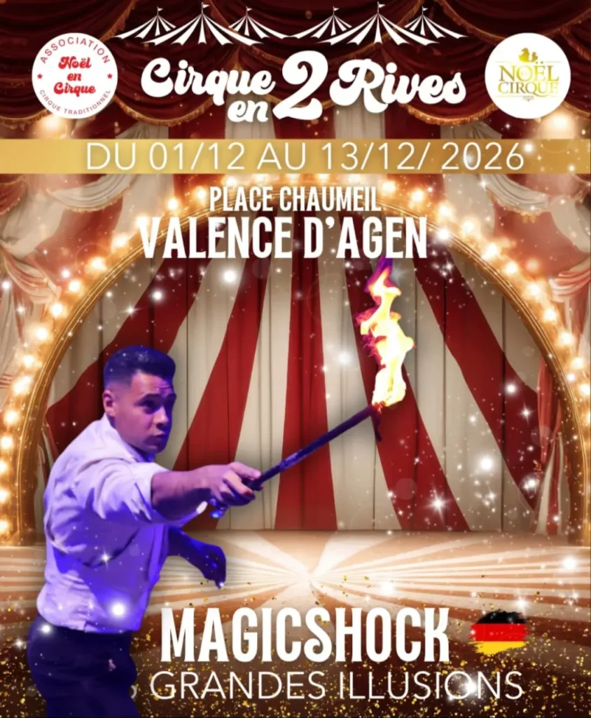 Affiche présentant les tarifs et horaires des séances d’un spectacle. Le fond est un rideau rouge de théâtre. En haut, un schéma circulaire coloré montre les différentes catégories de places : gradins numérotés en rouge, gradins placement libre en bleu, loges en blanc et zone PMR en vert. Les tarifs sont détaillés pour les séances tout public, scolaires et groupes : prix adultes et enfants, durée des spectacles et conditions de réservation. Une table liste les dates et horaires des représentations du 1er au 13 décembre. En bas, un encart met en avant un dîner‑spectacle le vendredi 11 décembre à 19h, avec réservation obligatoire